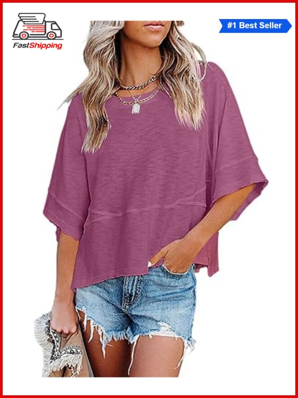 Womens 3/4 Sleeve T-Shirt Loose Fit Crewneck Casual Summer Tee